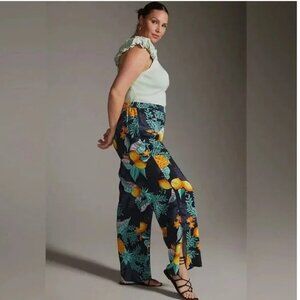 Anthropologie Navy Tropical-Print Wide-Leg Pants